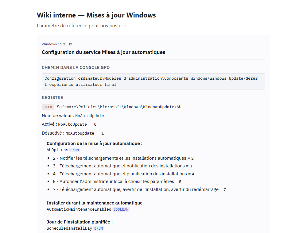 Une fiche GPORais intégrée dans un wiki interne, thème clair