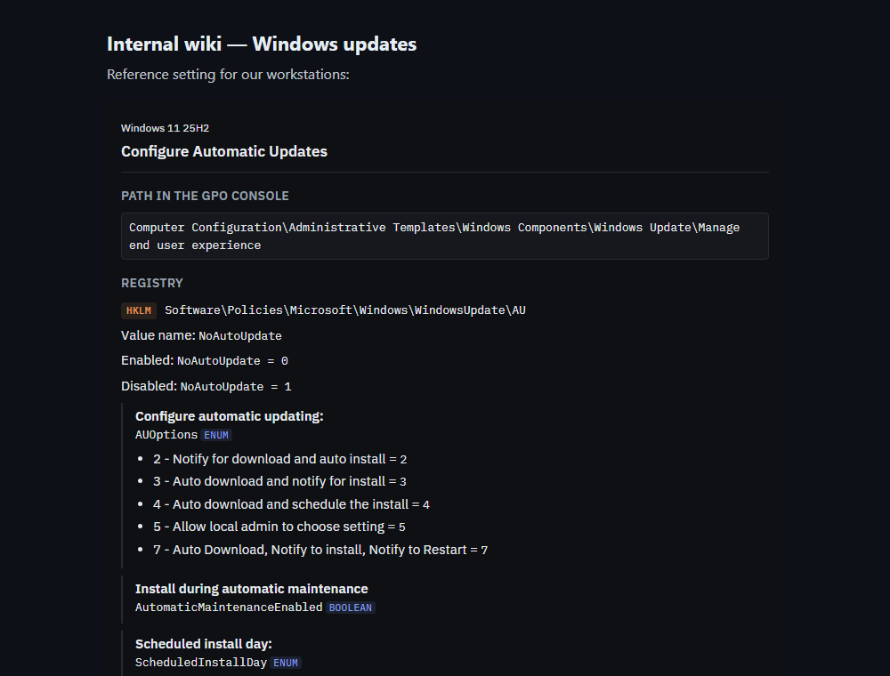 The same record in an internal wiki with a dark theme