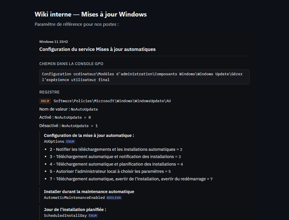 La même fiche dans un wiki interne au thème sombre