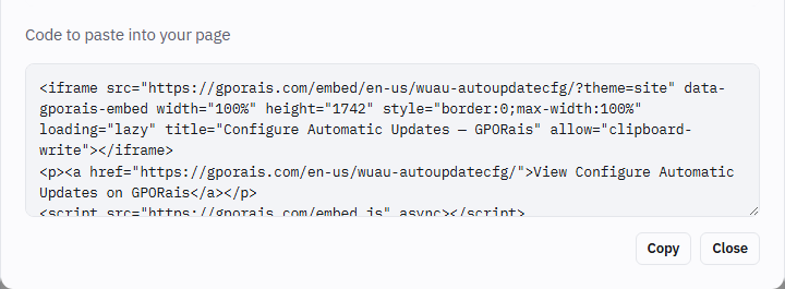 The code to paste, generated by the embed dialog