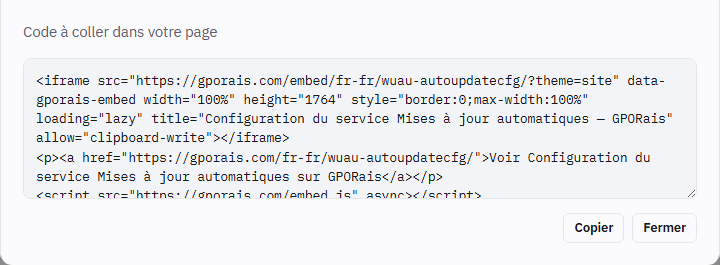 Le code à coller, généré par le dialogue d'intégration